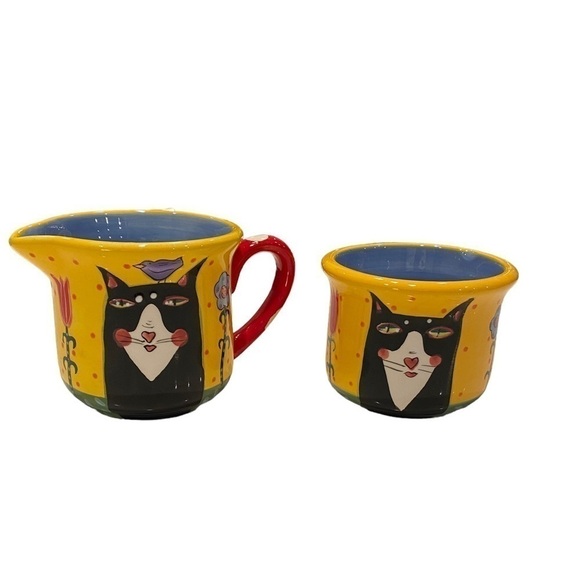 Sharon Bloom Tuxedo Cat Creamer Sugar Bowl Set Henriksen Ceramic Hand Painted - Picture 1 of 13